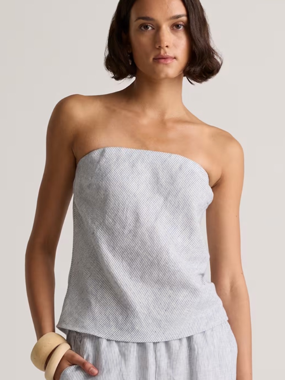 Quince European Linen Blue and White Striped Strapless Top - Picture 11 of 11